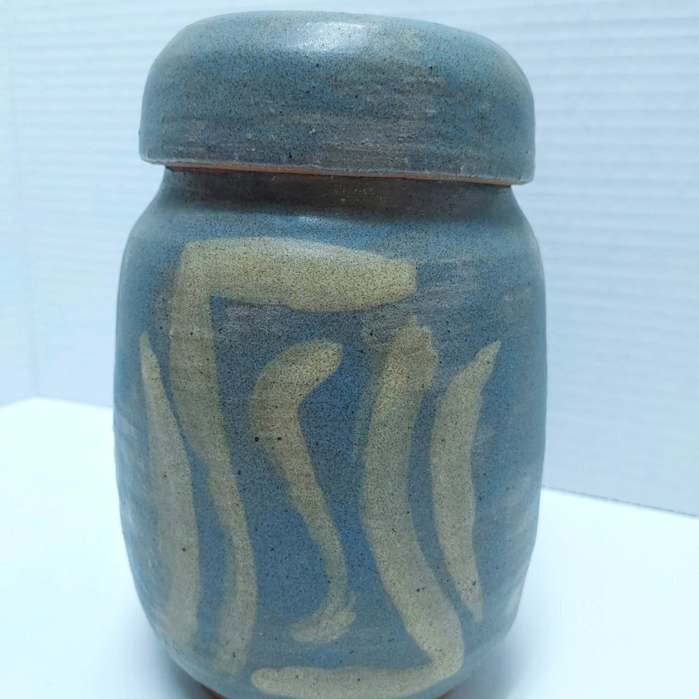 Vintage Artisan Made Blue Clay Jar with Lid blue gray studio ceramic lidded box